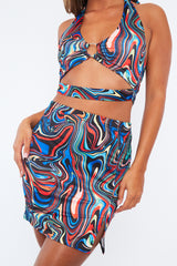 Multi Marble Print Ring Detail Halter Neck Crop Top - Pixey