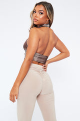 Brown Mesh Blend Halter Neck Crop Top - Naroa