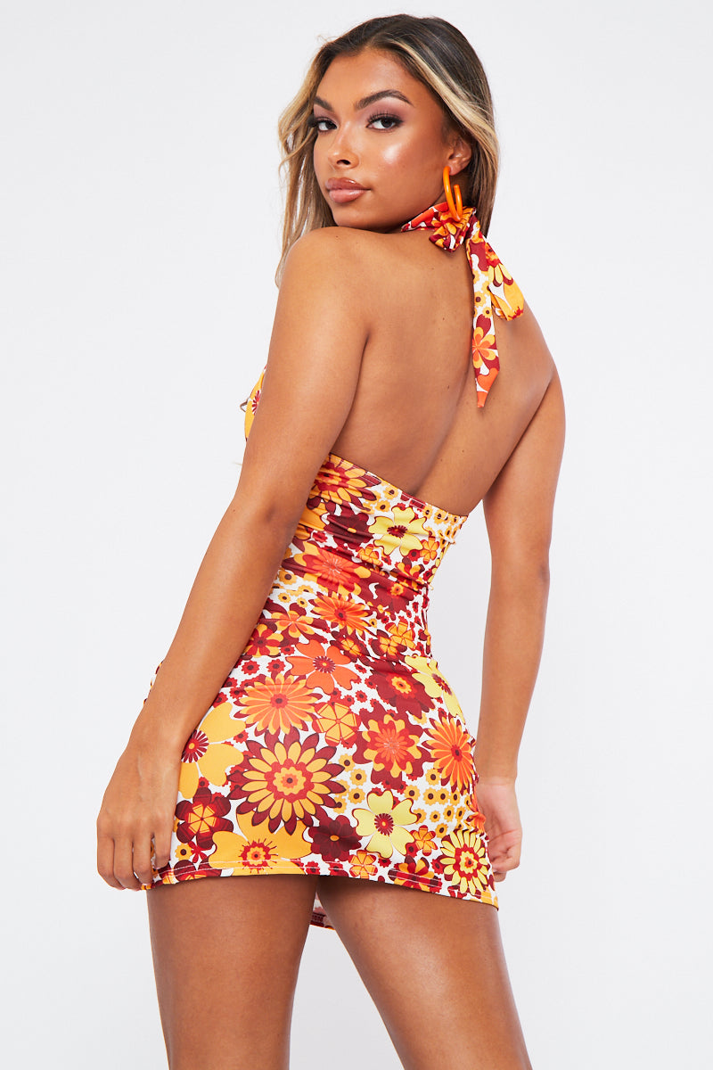 Orange Floral Print Ring Halter Neck Slinky Mini Dress - Mili
