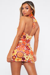 Orange Floral Print Ring Halter Neck Slinky Mini Dress - Mili