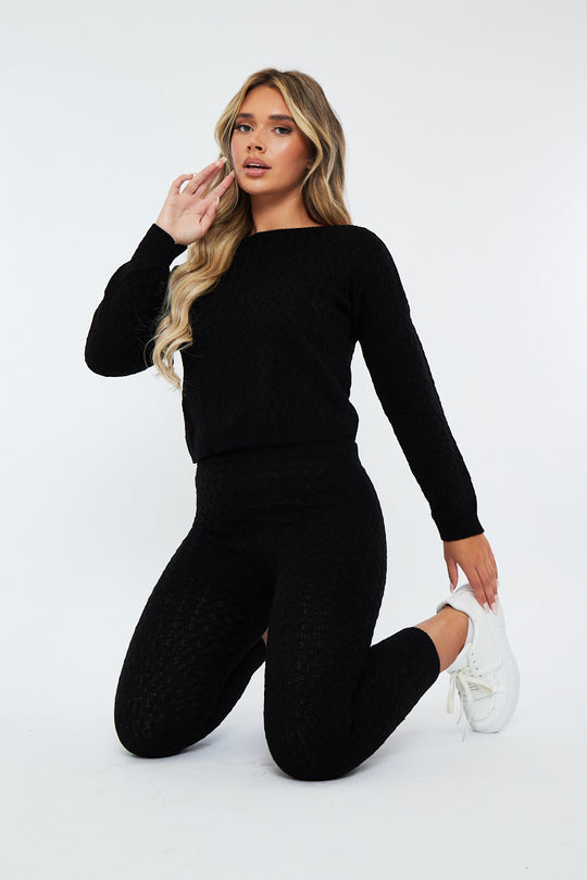 Black Knit Cropped Jumper & Jogger Set - Kezzie