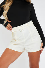 Cream Faux Leather Buckle Belt Shorts - Tamra