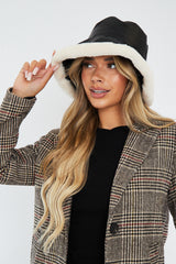Black PU Faux Leather Fur Trim Bucket Hat - Mollie