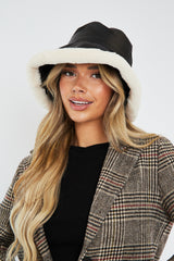 Black PU Faux Leather Fur Trim Bucket Hat - Mollie