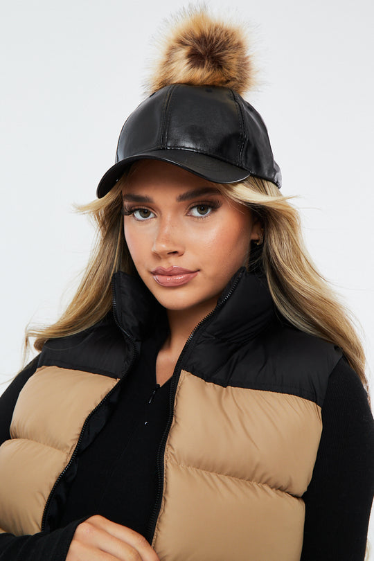 Black PU Coated Faux Fur Pom Pom Cap - Chanetell