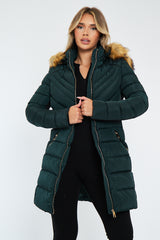 Green Fur Hood Contrast Panel Puffer Coat - Chelsie