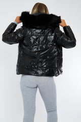 Black Wet Look Reversible Fur Hood Puffer Jacket - Zadie