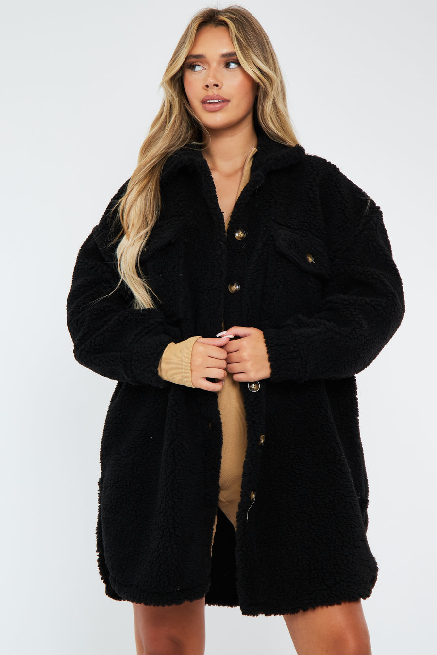 Black Pocket Front Teddy Shacket - Ozie