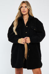 Black Pocket Front Teddy Shacket - Ozie