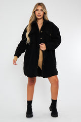 Black Pocket Front Teddy Shacket - Ozie