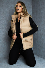 Camel Detachable Hood Puffer Gilet - Emisha