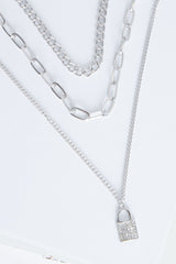 3 Layered Silver Necklace with Padlock Pendant - Elinore-Accessories