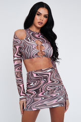 Brown Marble Print Cut Out Crop Top & Mini Skirt - Louie