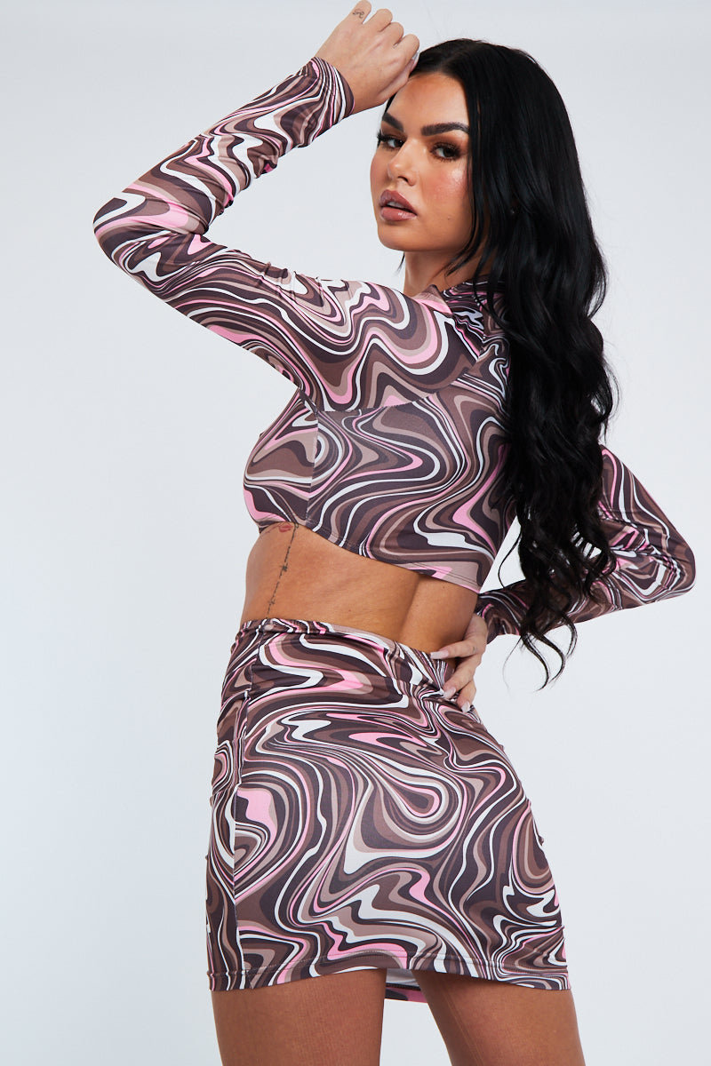 Brown Marble Print Cut Out Crop Top & Mini Skirt - Louie