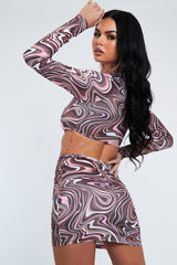 Brown Marble Print Cut Out Crop Top & Mini Skirt - Louie