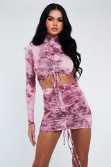 Pink Acid Print Ruched Crop Top & Mini Skirt Set - Tira
