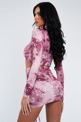 Pink Acid Print Ruched Crop Top & Mini Skirt Set - Tira