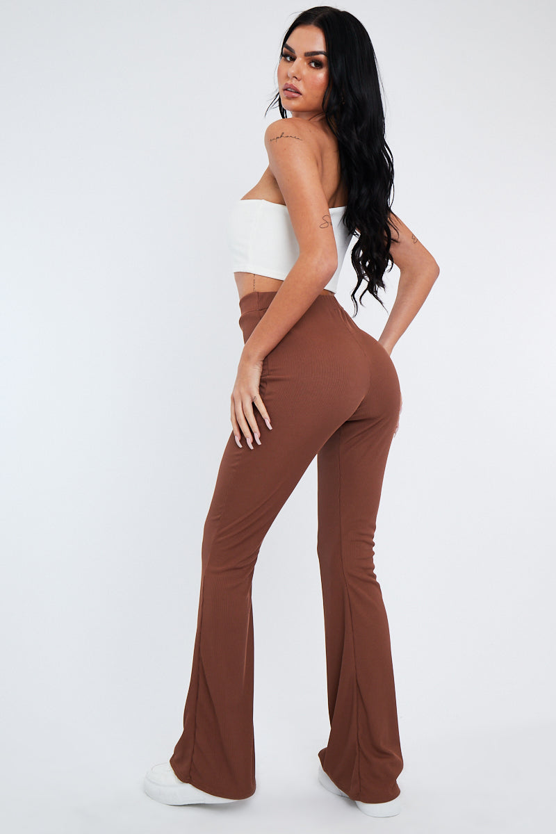 Camel Ribbed Flare Trousers - Jori