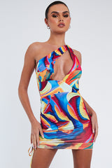 Multi Print Slinky Side Ruched One Shoulder Mini Dress - Gracyn