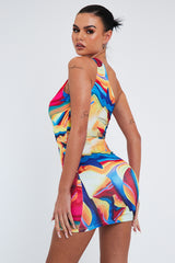Multi Print Slinky Side Ruched One Shoulder Mini Dress - Gracyn