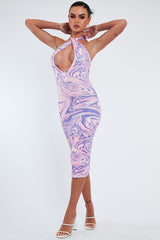 Purple Marble Print Slinky Halterneck Midi Dress - Margi