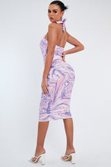 Purple Marble Print Slinky Halterneck Midi Dress - Margi