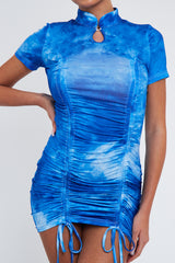 Blue Tie Dye High Neck Ruched Mini Dress - Mici