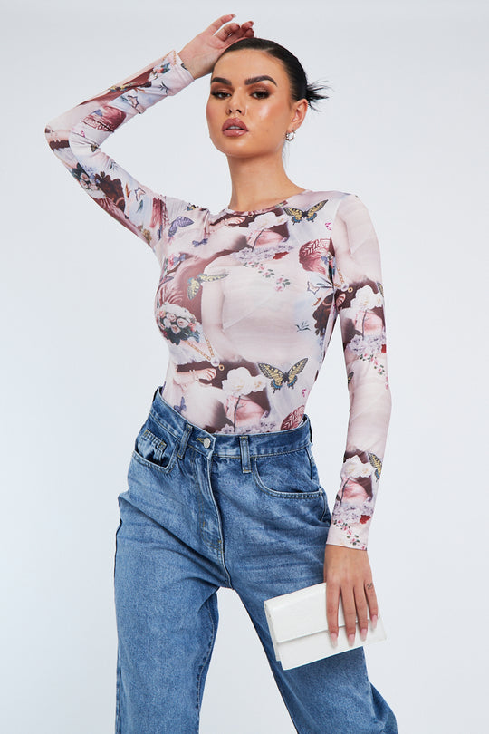 Multi Cherub Print Full Sleeve Bodysuit - Shen