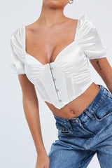 White Satin Puff Sleeve Corset Crop Top - Zafena