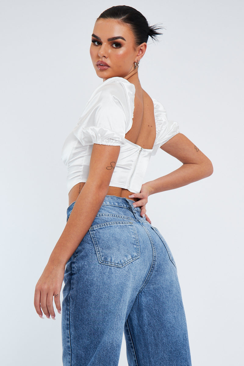 White Satin Puff Sleeve Corset Crop Top - Zafena