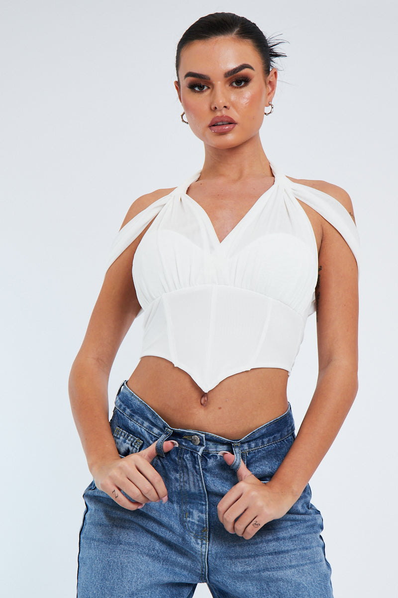 White Mesh Corset Halter Neck Crop Top - Soleen