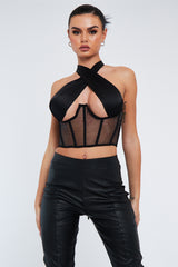 Black Under Boob Halterneck Corset Crop Top - Kass