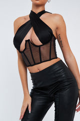 Black Under Boob Halterneck Corset Crop Top - Kass