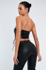 Black PU Leather Lace Up Corset Crop Top - Vian