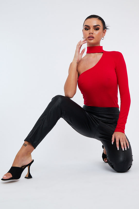 Red One Sleeve High Neck Bodysuit - Qin