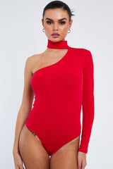 Red One Sleeve High Neck Bodysuit - Qin