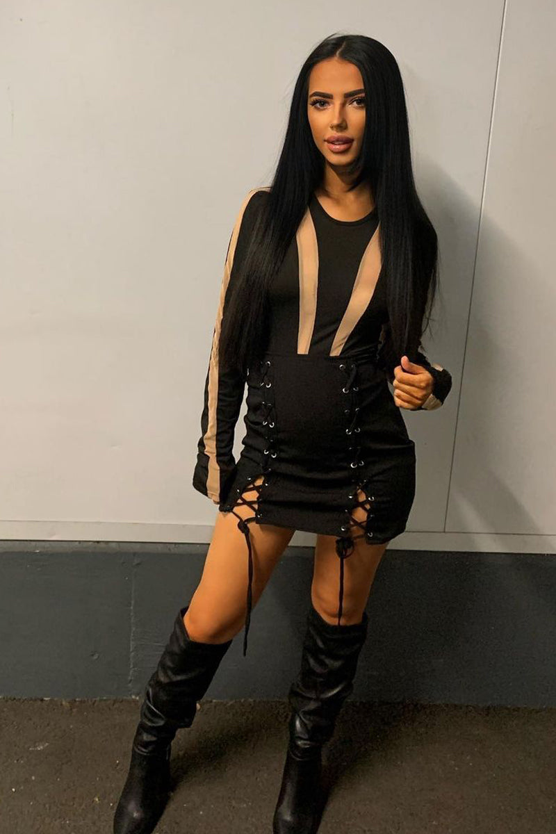 Black Front Lace Up Mini Skirt - Adeleen