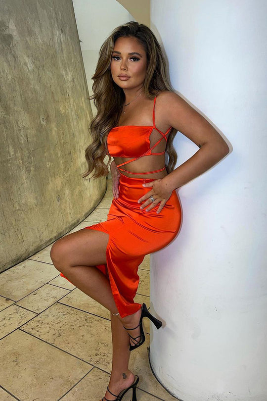 Orange Tie Wrap Around Satin Crop Top & Skirt Co-Ord - Aalaysia