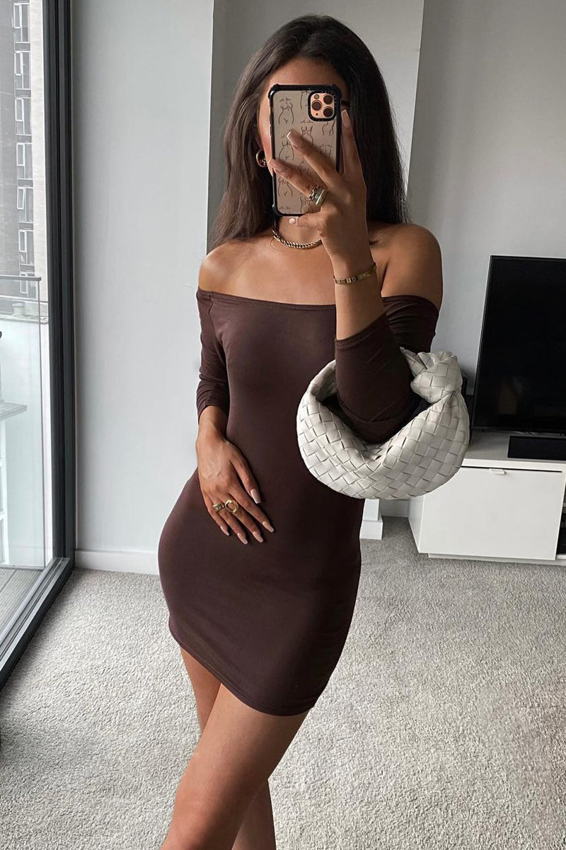Chocolate Bardot Jersey Mini Dress - Alayna