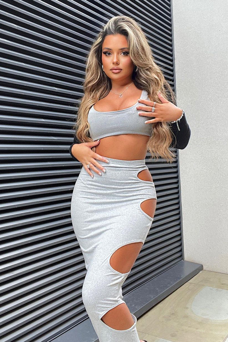 Grey Jersey Side Cut Out Maxi Skirt - Adara