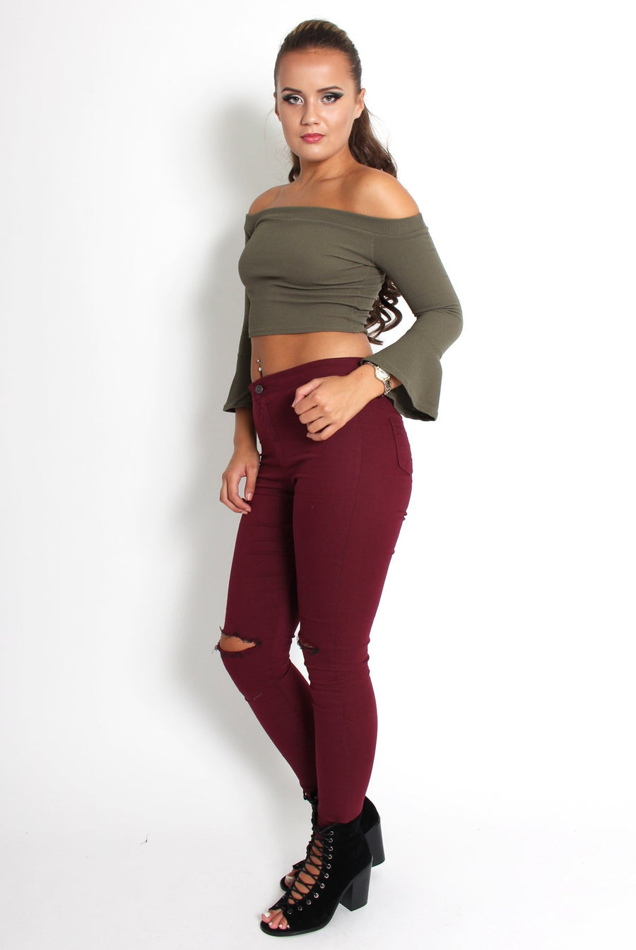 Alby Khaki Off The Shoulder Top-Tops