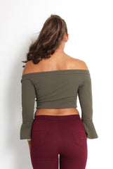 Alby Khaki Off The Shoulder Top-Tops
