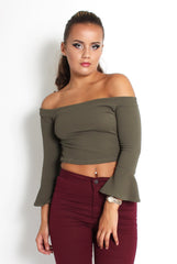 Alby Khaki Off The Shoulder Top-Tops