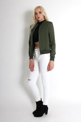 Alexus Khaki Zip Front Bomber Jacket-Jackets