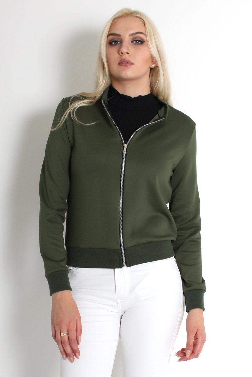 Alexus Khaki Zip Front Bomber Jacket-Jackets