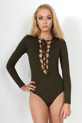 Alia Khaki Tie Front Bodysuit-Bodysuits