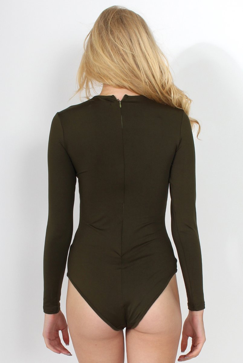 Alia Khaki Tie Front Bodysuit-Bodysuits