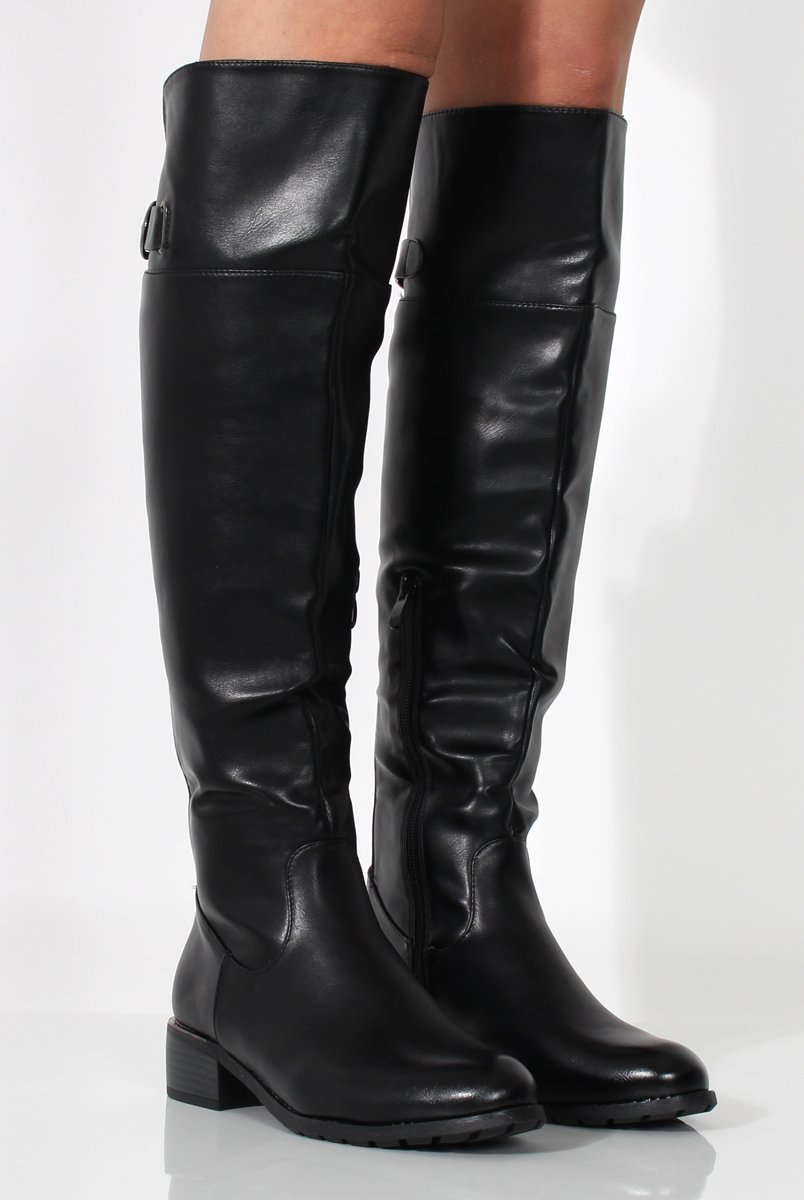 Alice Black PU Buckle Over The Knee Boots-Boots