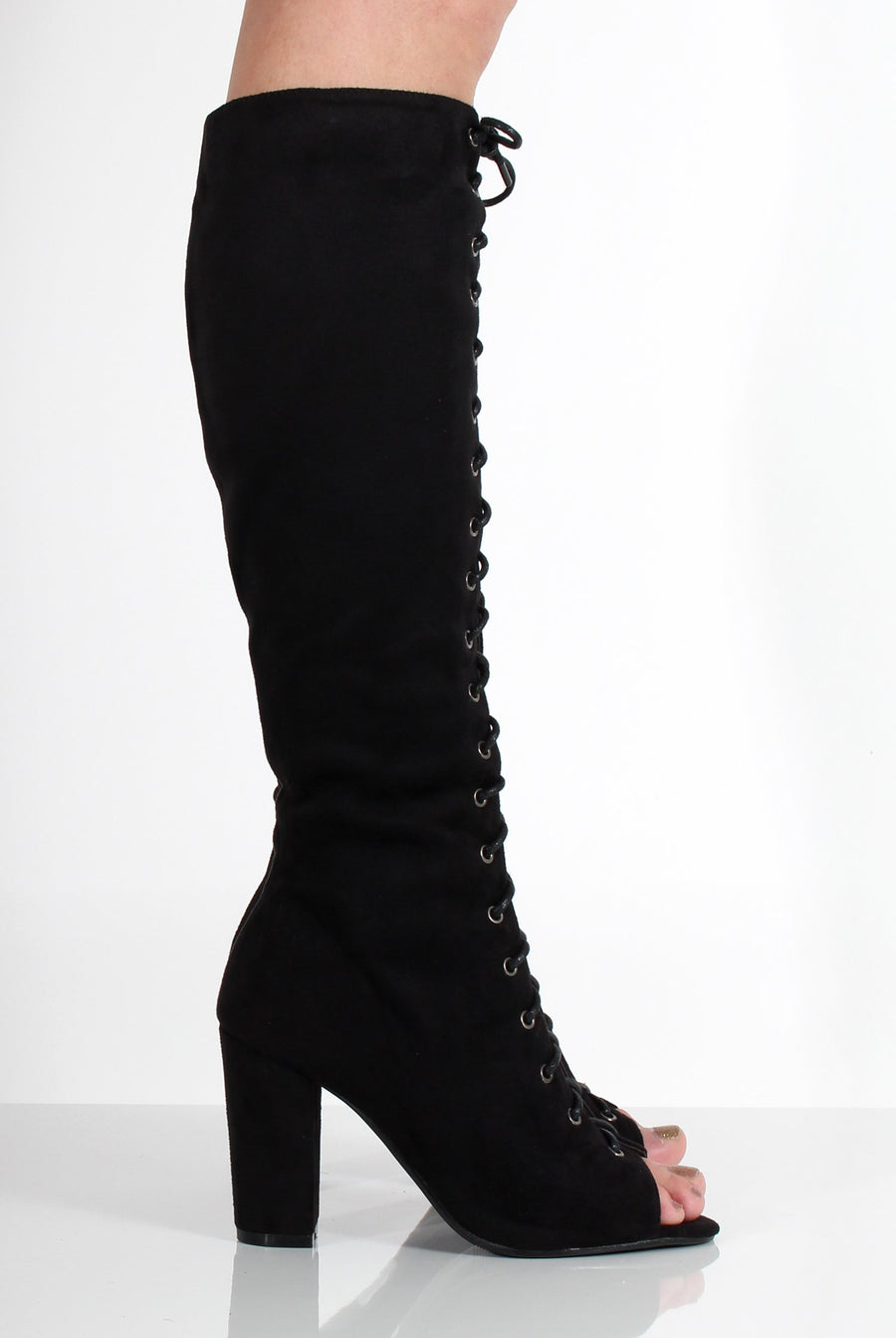 Alicia Black Suede Knee High Lace Up Boots-Boots