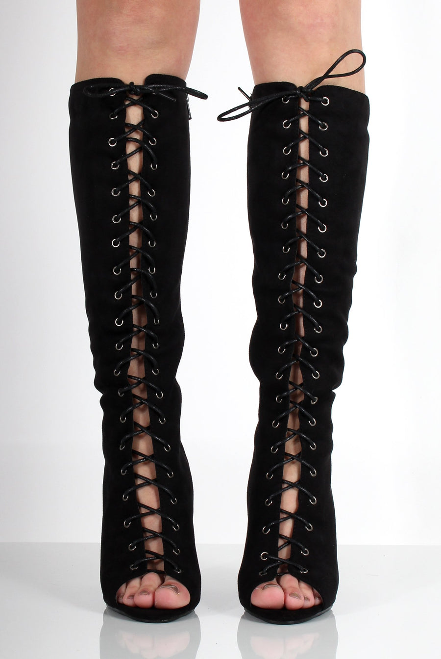 Alicia Black Suede Knee High Lace Up Boots-Boots